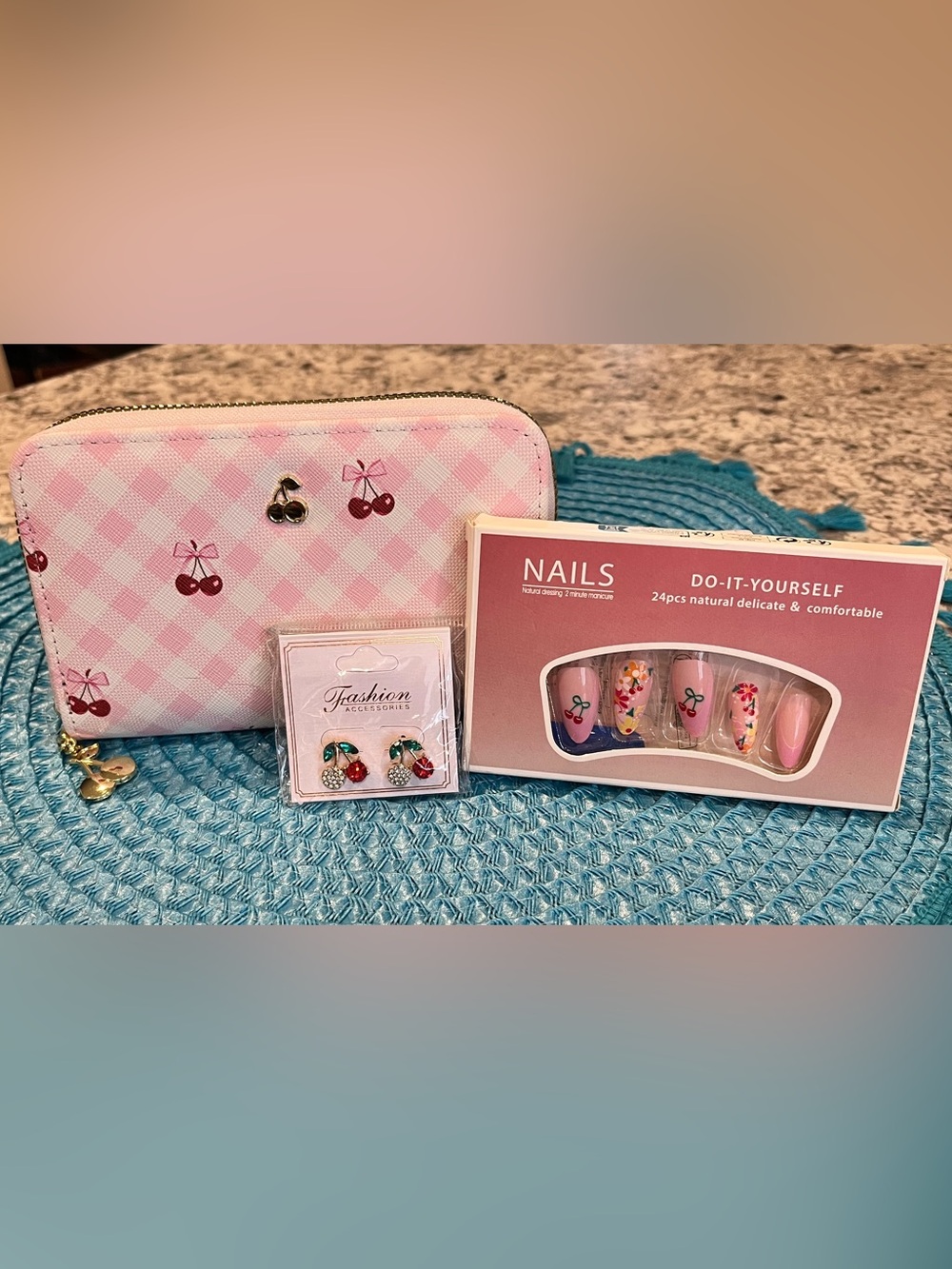 Pink Cherry Compact Wallet with Matching Cherry Earrings & Nail Set